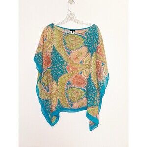 Talbots Silk Chiffon Scarf Blue Green Blouse Sheer Lightweight Paisley Size S/M